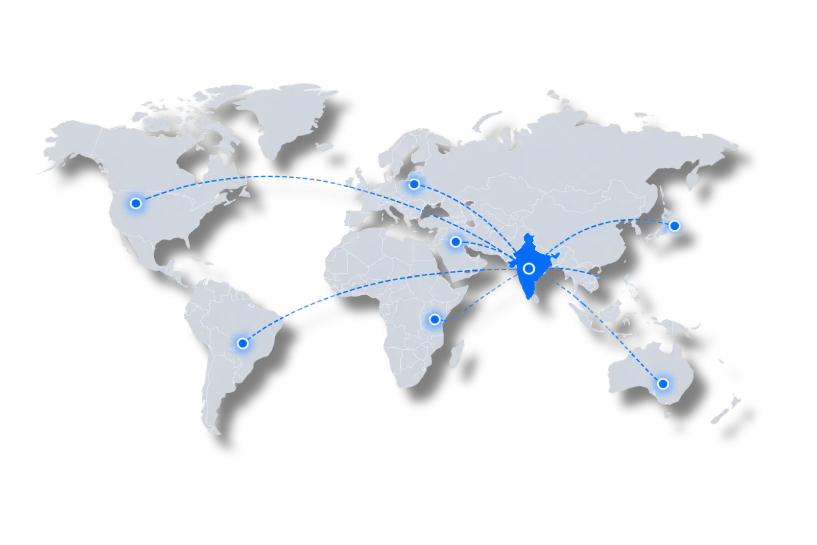 Global network map showing India connected to international destinations