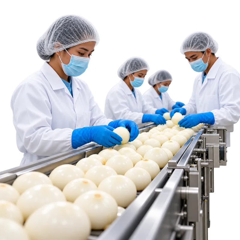 Workers on onion processing line