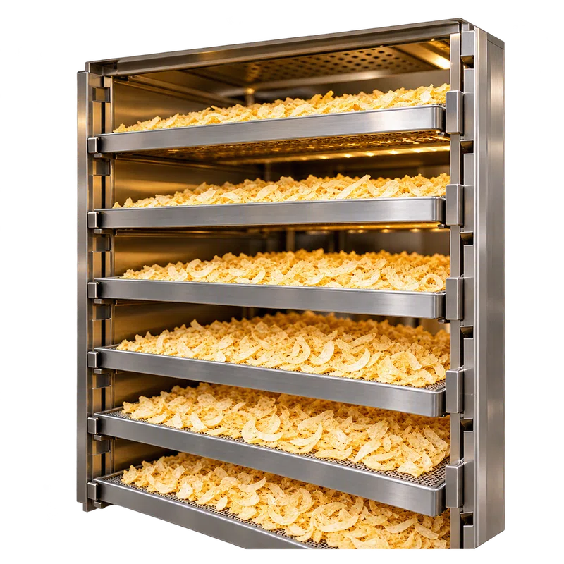 Drying trays with onion flakes