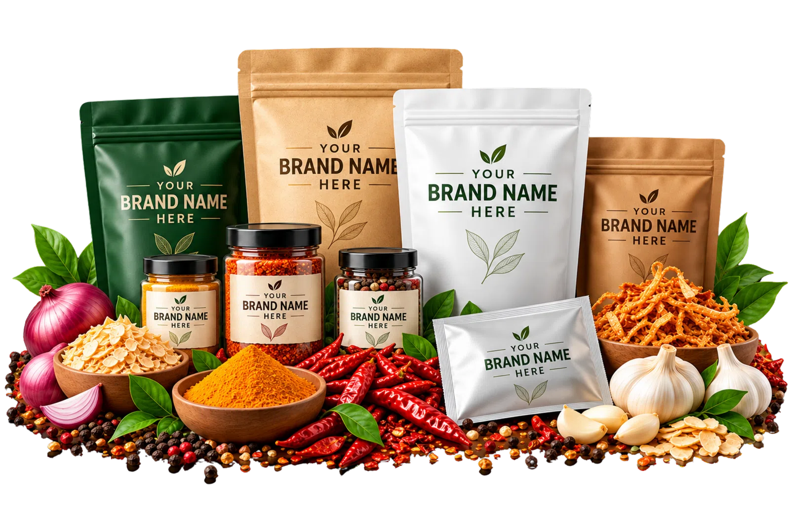 Private label spice packaging collection with dehydrated ingredients